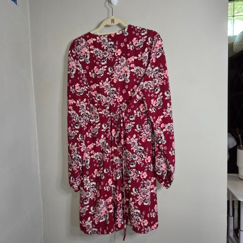 Cottagecore Honeyme Curvy Floral Babydoll Dress Maroon Pink V-Neck L/S Blouse